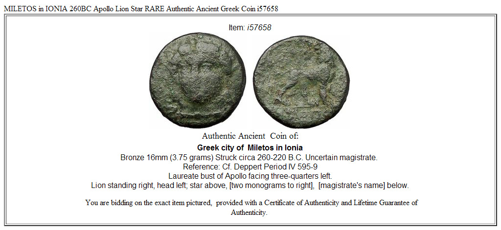 MILETOS in IONIA 260BC Apollo Lion Star RARE Authentic Ancient Greek Coin i57658
