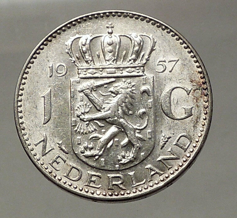 1957 Netherlands Kingdom Queen JULIANA 1 Gulden Authentic Silver Coin i57765