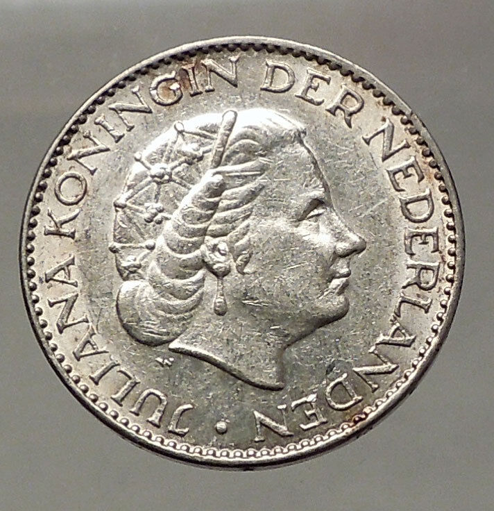 1957 Netherlands Kingdom Queen JULIANA 1 Gulden Authentic Silver Coin i57765