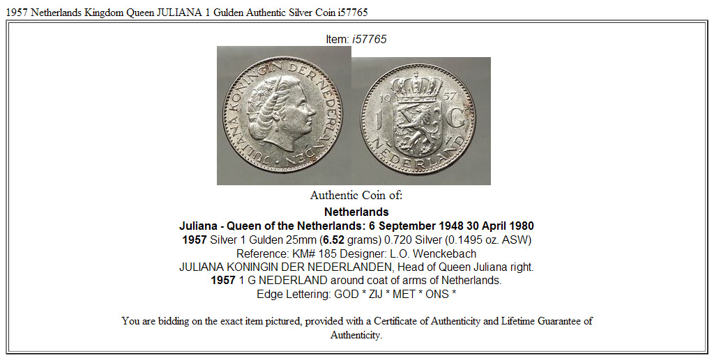 1957 Netherlands Kingdom Queen JULIANA 1 Gulden Authentic Silver Coin i57765