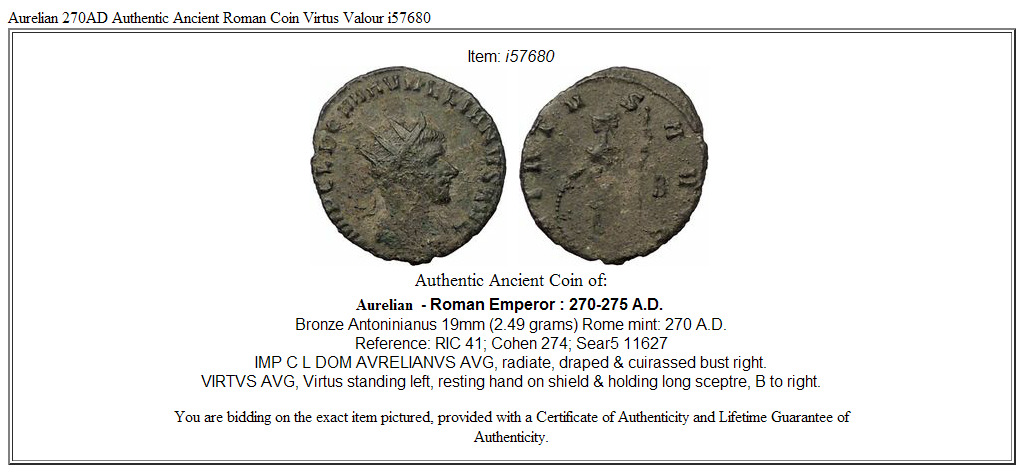 Aurelian 270AD Authentic Ancient Roman Coin Virtus Valour i57680