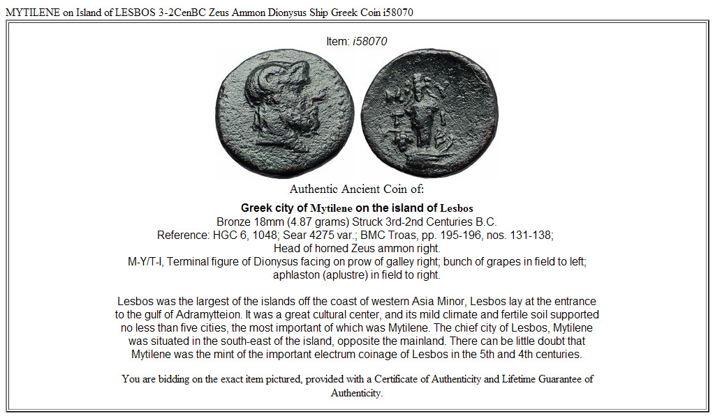 MYTILENE on Island of LESBOS 3-2CenBC Zeus Ammon Dionysus Ship Greek Coin i58070