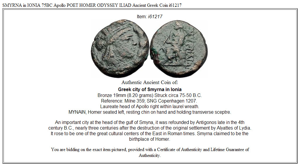 SMYRNA in IONIA 75BC Apollo POET HOMER ODYSSEY ILIAD Ancient Greek Coin i61217