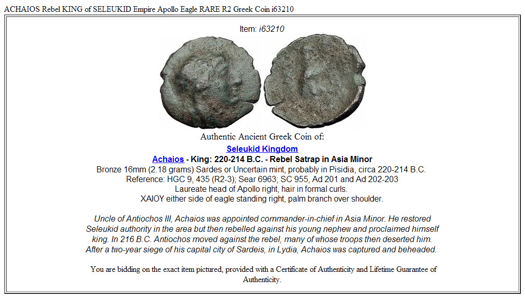 ACHAIOS Rebel KING of SELEUKID Empire Apollo Eagle RARE R2 Greek Coin i63210