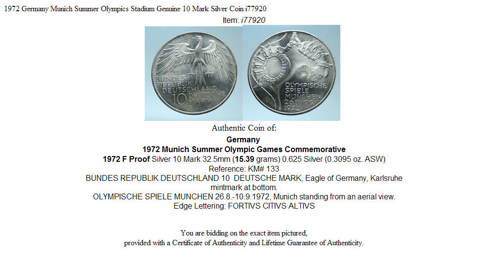 1972 Germany Munich Summer Olympics Stadium Genuine 10 Mark Silver Coin i77920