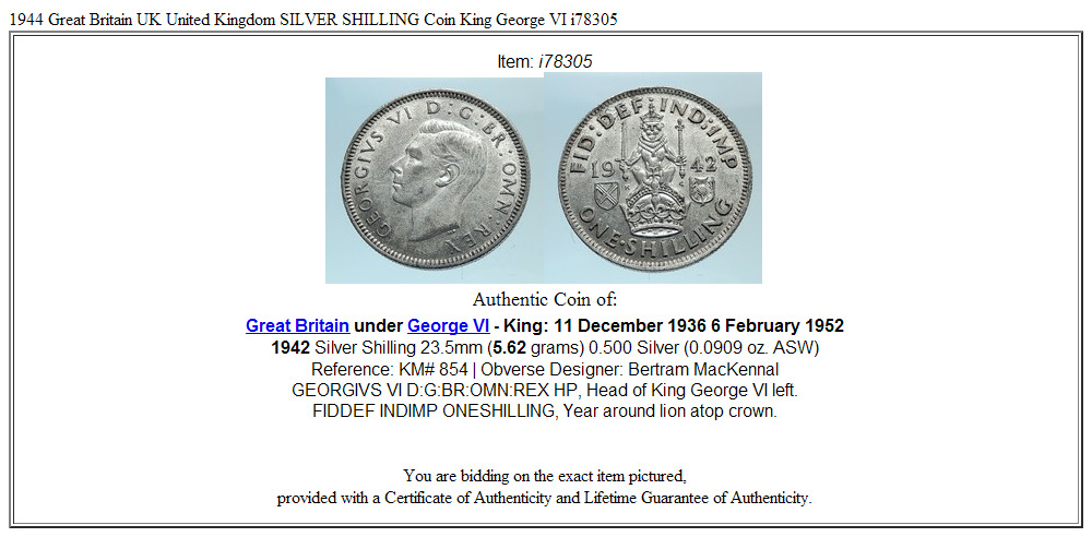 1942 Great Britain UK United Kingdom SILVER SHILLING Coin King George VI i78305