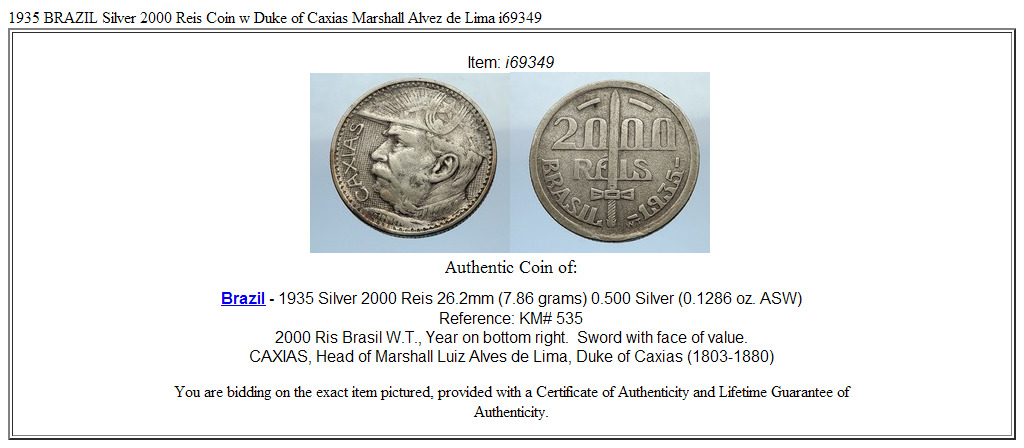 1935 BRAZIL Silver 2000 Reis Coin w Duke of Caxias Marshall Alvez de Lima i69349