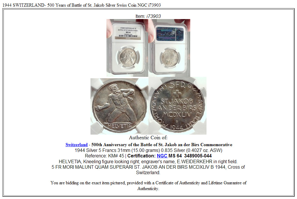 1944 SWITZERLAND- 500 Years of Battle of St. Jakob Silver Swiss Coin NGC i73903