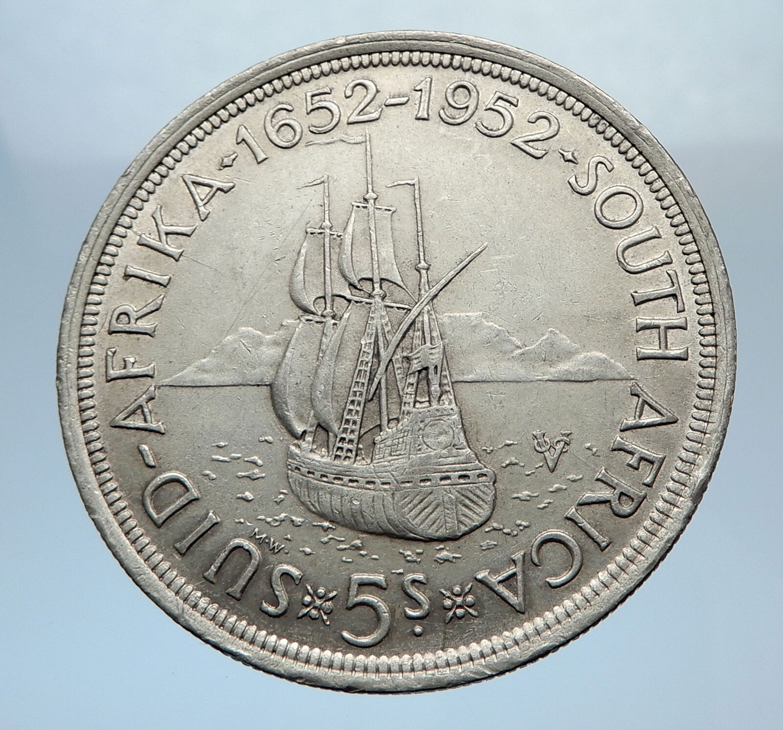 1952 SOUTH AFRICA 300th Cape Town Riebeeck w SHIP Silver 5 Shillings Coin i72481