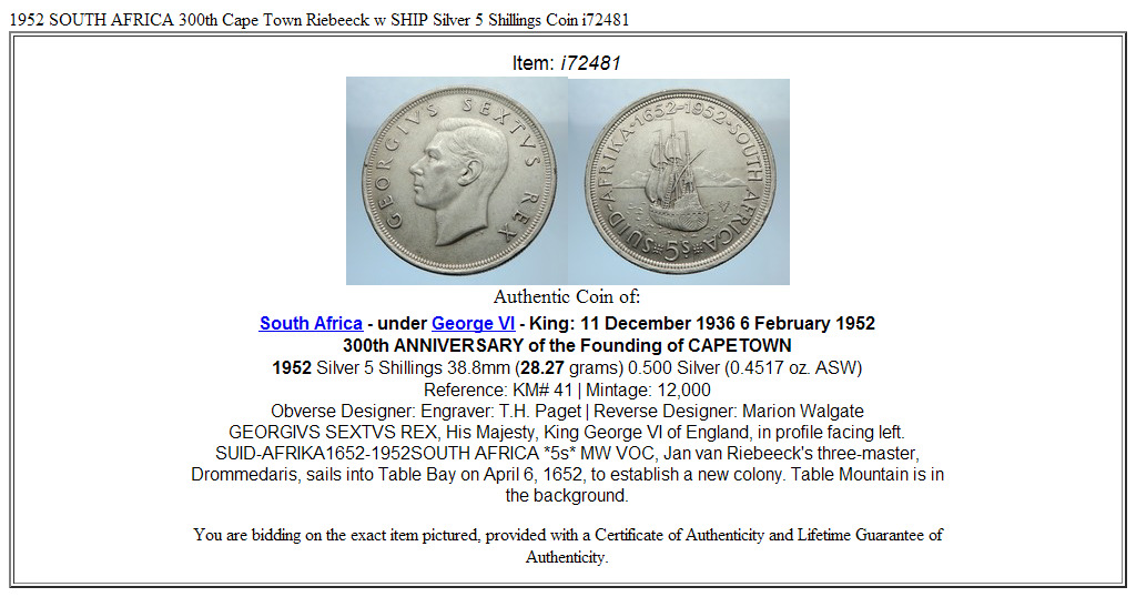 1952 SOUTH AFRICA 300th Cape Town Riebeeck w SHIP Silver 5 Shillings Coin i72481