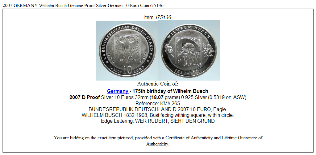 2007 GERMANY Wilhelm Busch Genuine Proof Silver German 10 Euro Coin i75136