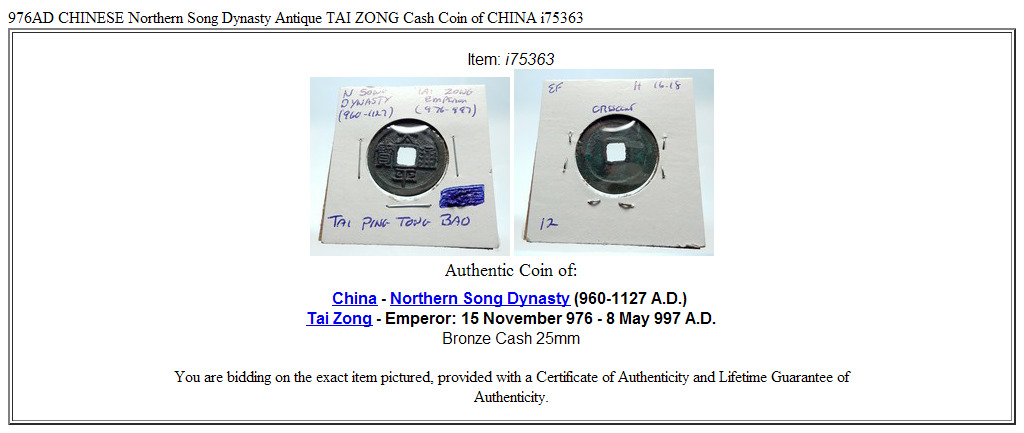976AD CHINESE Northern Song Dynasty Antique TAI ZONG Cash Coin of CHINA i75363
