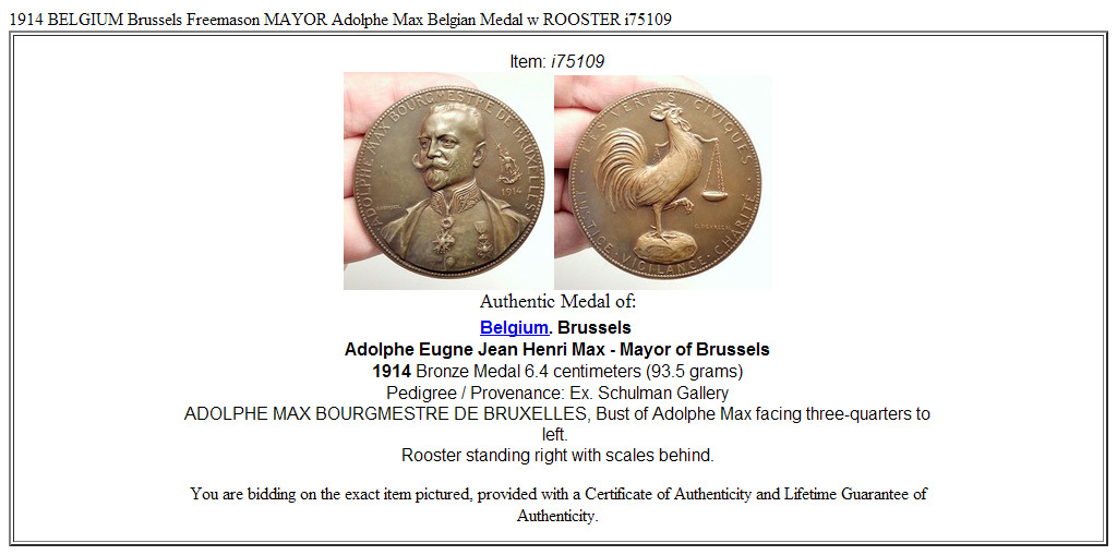 1914 BELGIUM Brussels Freemason MAYOR Adolphe Max Belgian Medal w ROOSTER i75109