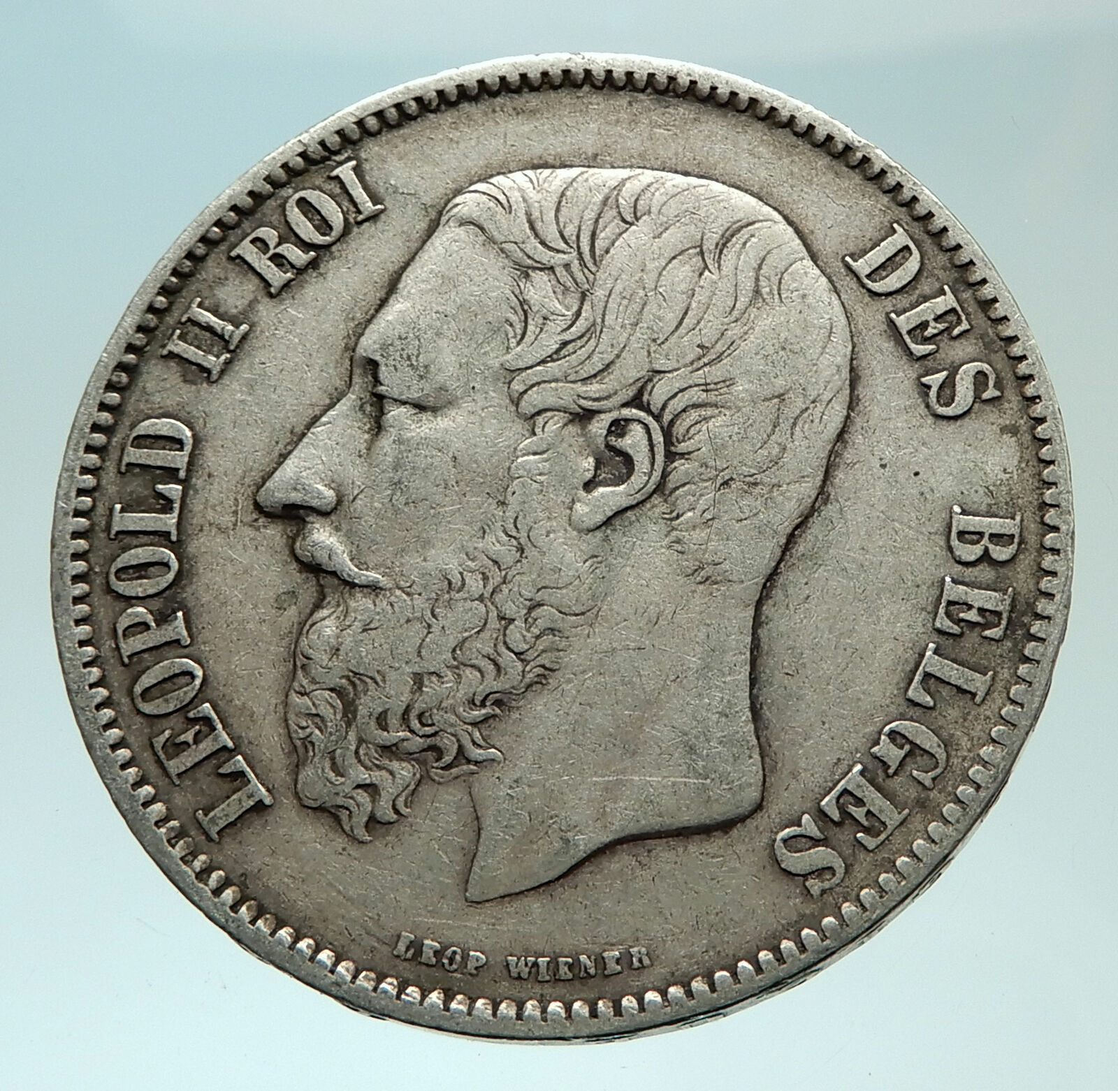 1869 BELGIUM with King LEOPOLD II and LION Genuine Silver 5 Francs Coin i75936