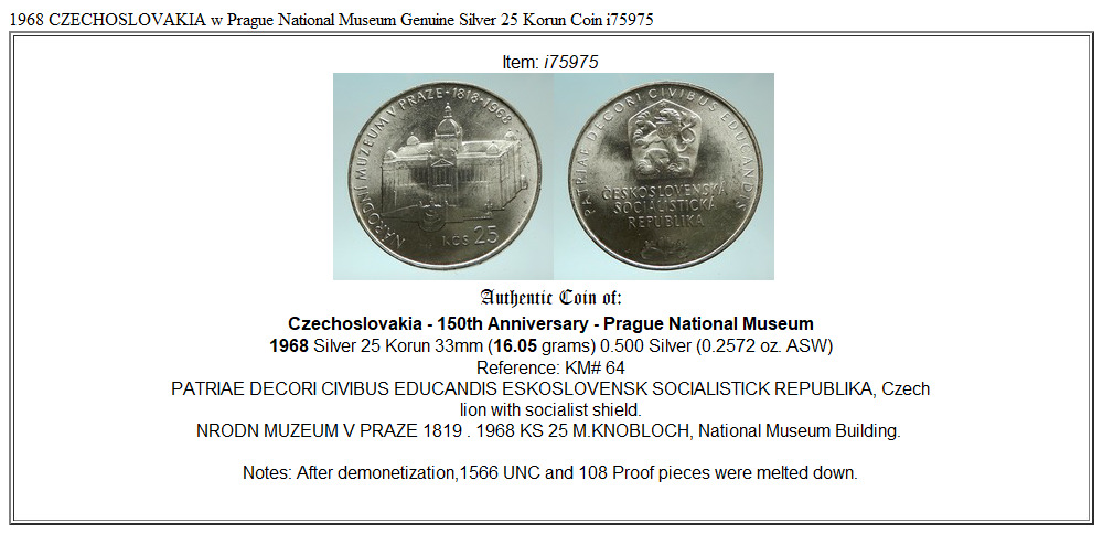 1968 CZECHOSLOVAKIA w Prague National Museum Genuine Silver 25 Korun Coin i75975