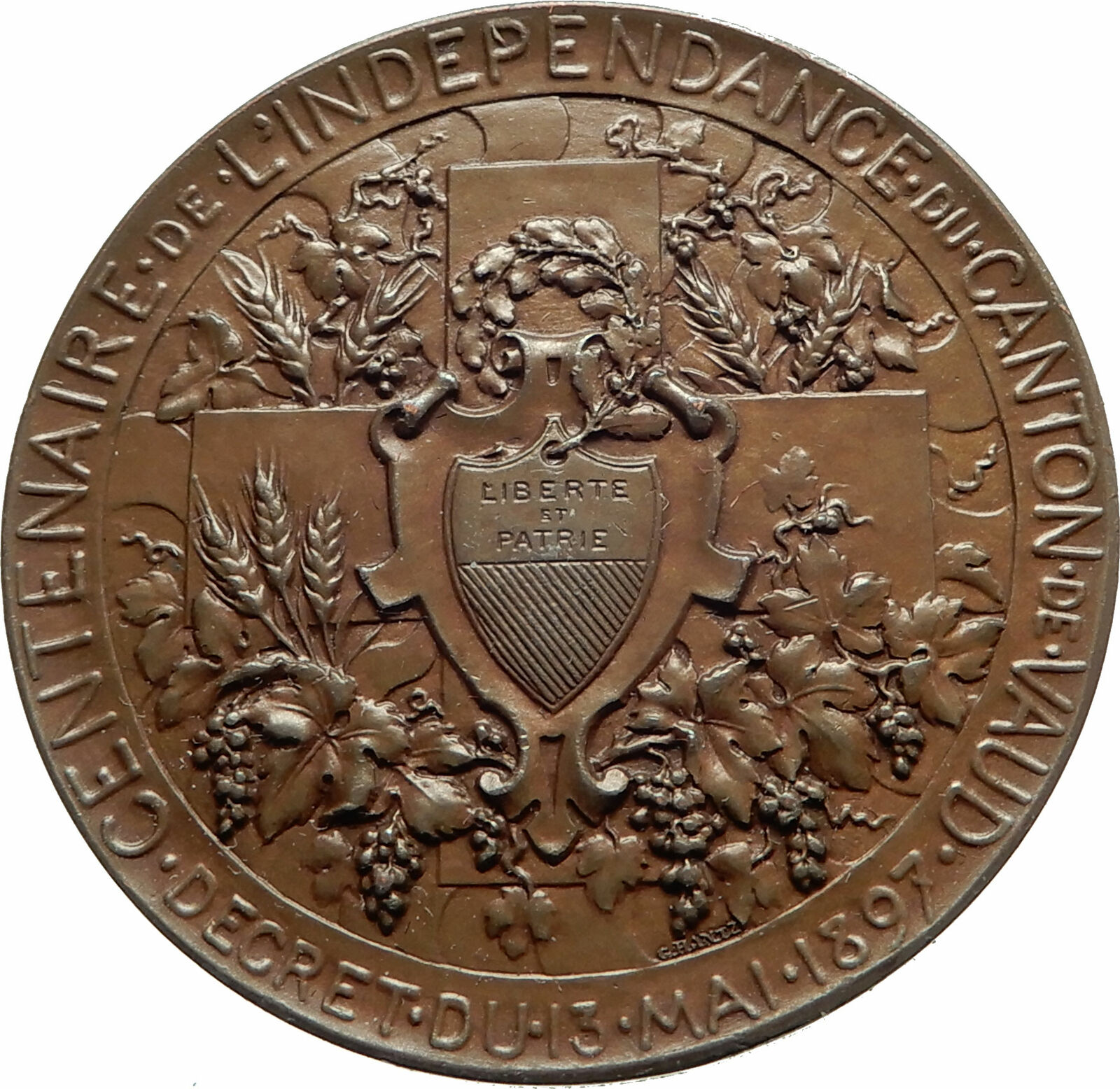 1897 SWITZERLAND Swiss Canton of VAUD Antique Independence Medal w WOMAN i76051