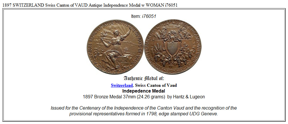 1897 SWITZERLAND Swiss Canton of VAUD Antique Independence Medal w WOMAN i76051