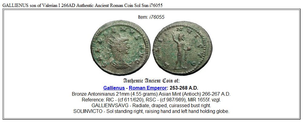 GALLIENUS son of Valerian I 266AD Authentic Ancient Roman Coin Sol Sun i76055
