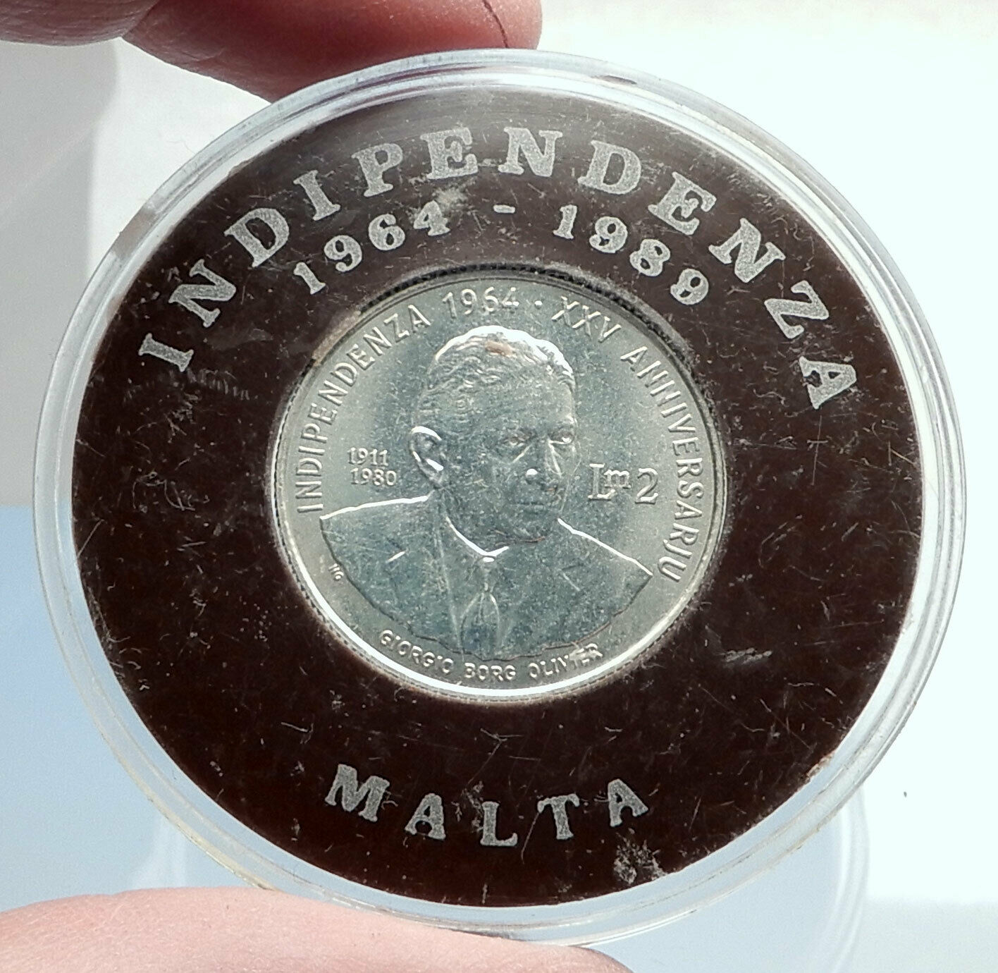 1989 MALTA Independence Prime Minister GIORGIO BORG OLIVIER Silver Coin i74060