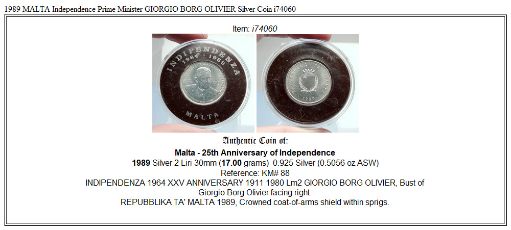 1989 MALTA Independence Prime Minister GIORGIO BORG OLIVIER Silver Coin i74060