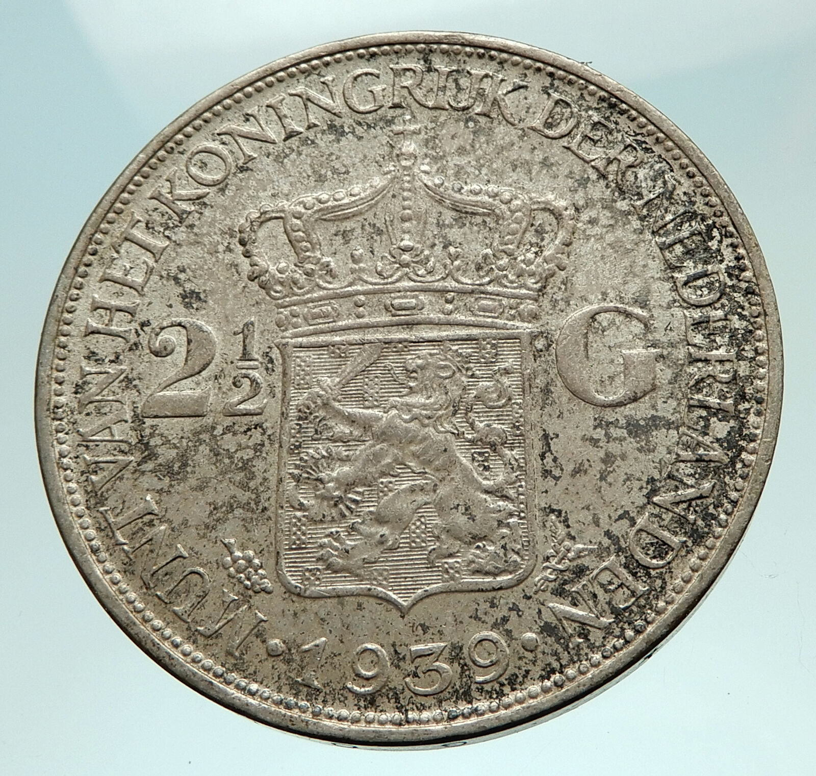 1939 Netherlands Queen WILHELMINA 2.5 Gulden Authentic DUTCH Silver Coin i76148