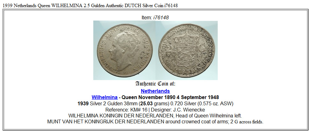 1939 Netherlands Queen WILHELMINA 2.5 Gulden Authentic DUTCH Silver Coin i76148