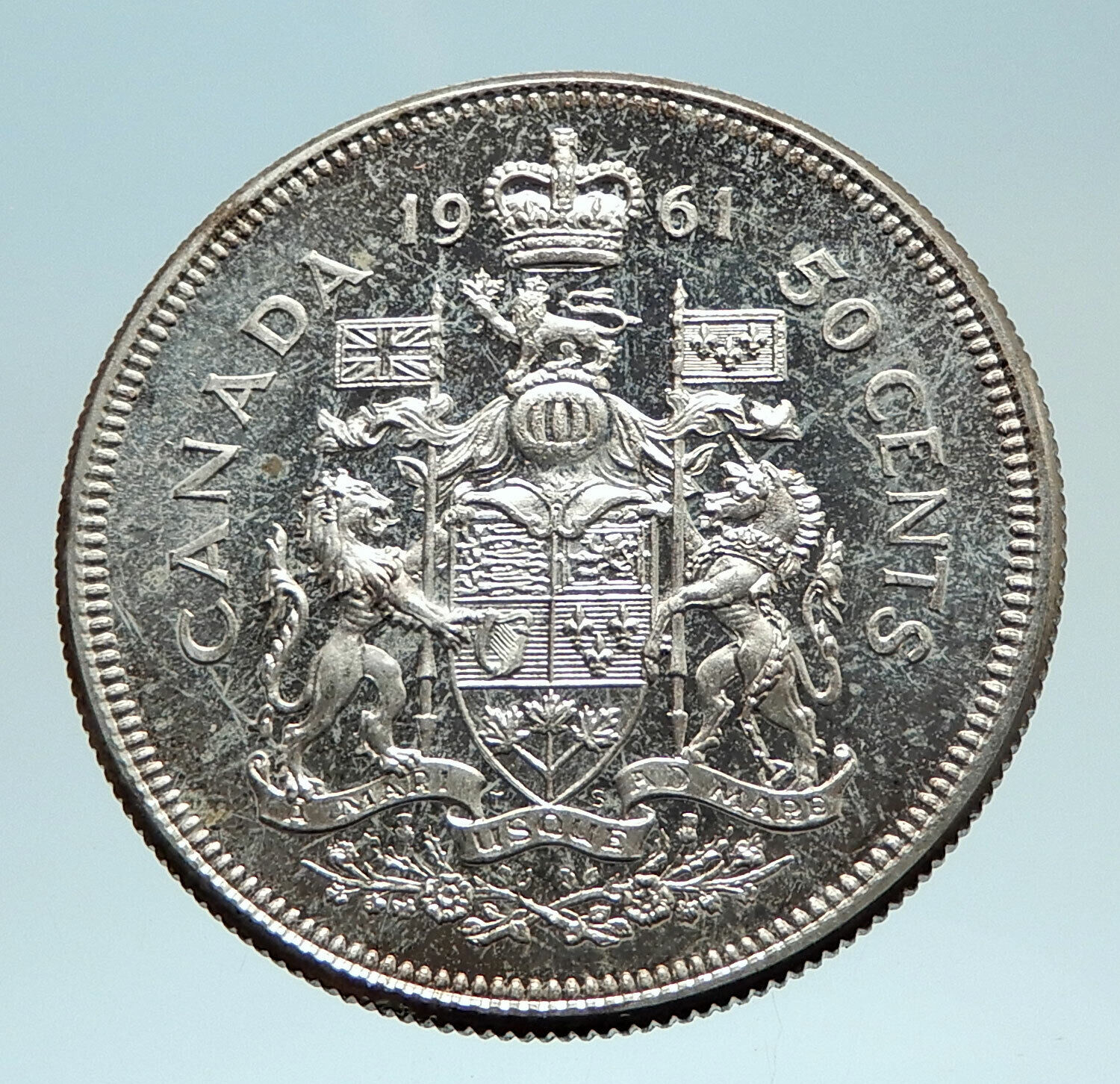 1961 CANADA Queen ELIZABETH II Genuine Silver 50 Cent ARMS & LIONS Coin - i76204