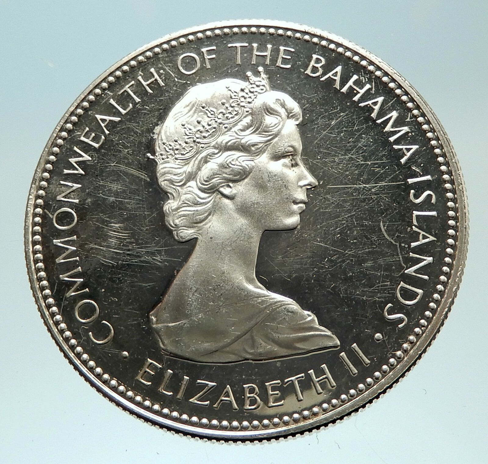 1973 BAHAMAS British Queen Elizabeth II w CONCH SHELL Silver Dollar Coin i76791