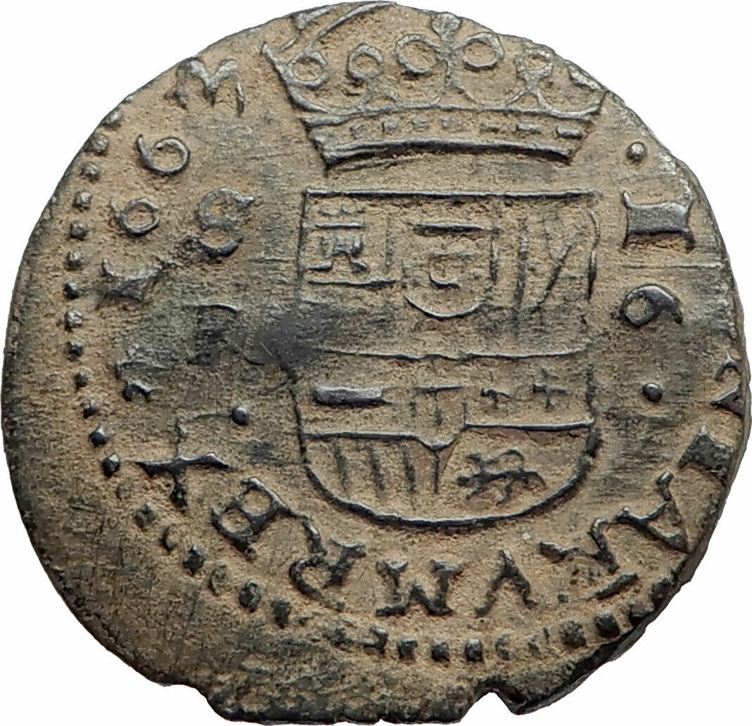 1663 SPAIN King Philip IV Authentic Antique Genuine Spanish Arms Coin i74903