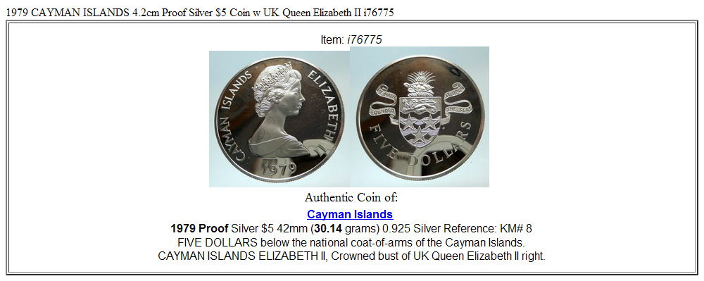 1979 CAYMAN ISLANDS 4.2cm Proof Silver $5 Coin w UK Queen Elizabeth II i76775