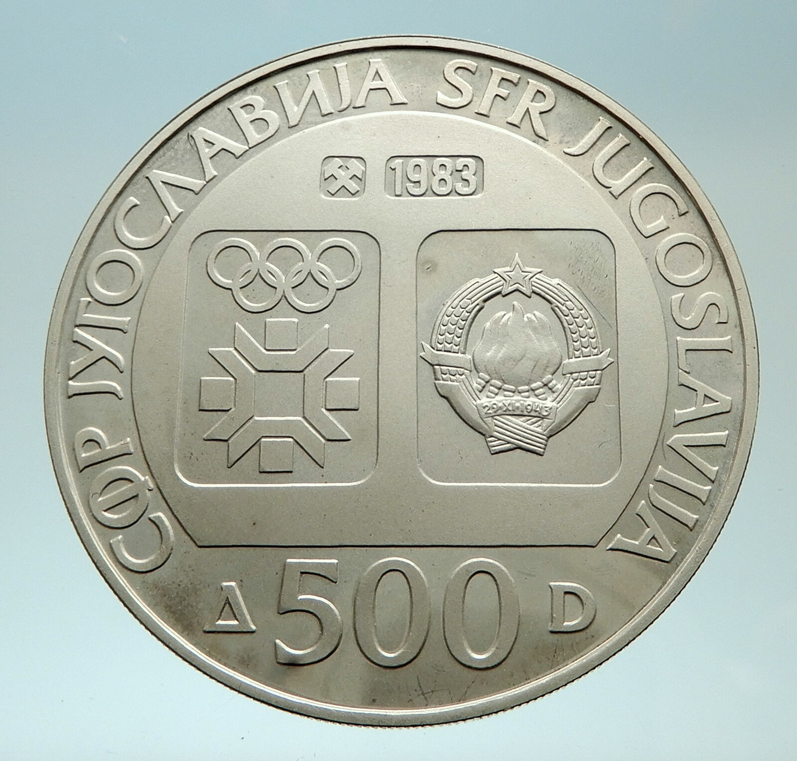 1983 YUGOSLAVIA Sarajevo XIV Olympic Games Ski Jumper Genuine Silver Coin i76884