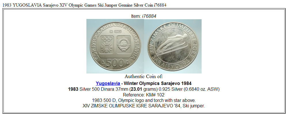 1983 YUGOSLAVIA Sarajevo XIV Olympic Games Ski Jumper Genuine Silver Coin i76884