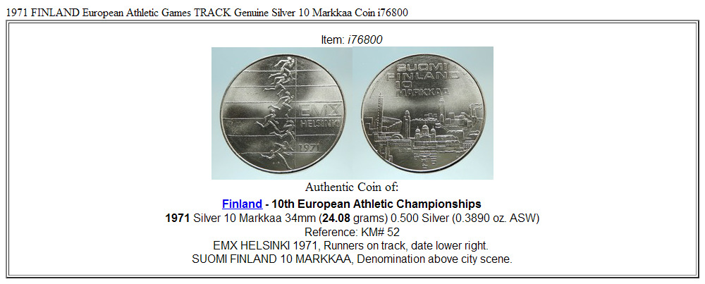 1971 FINLAND European Athletic Games TRACK Genuine Silver 10 Markkaa Coin i76800