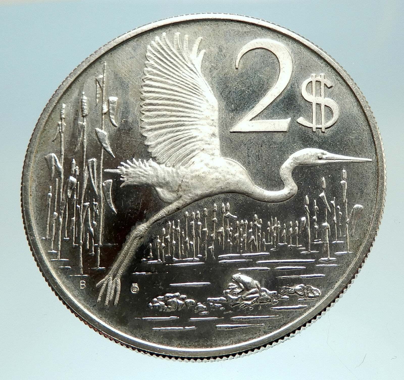 1974 CAYMAN ISLANDS 4.0cm Proof Silver $2 Coin GREAT BLUE HERON BIRD i76790