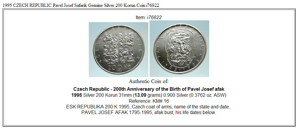 1995 CZECH REPUBLIC Pavel Josef Safarik Genuine Silver 200 Korun Coin i76822