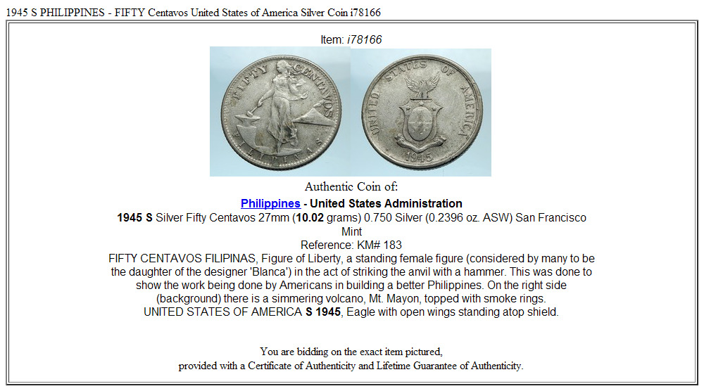 1945 S PHILIPPINES - FIFTY Centavos United States of America Silver Coin i78166