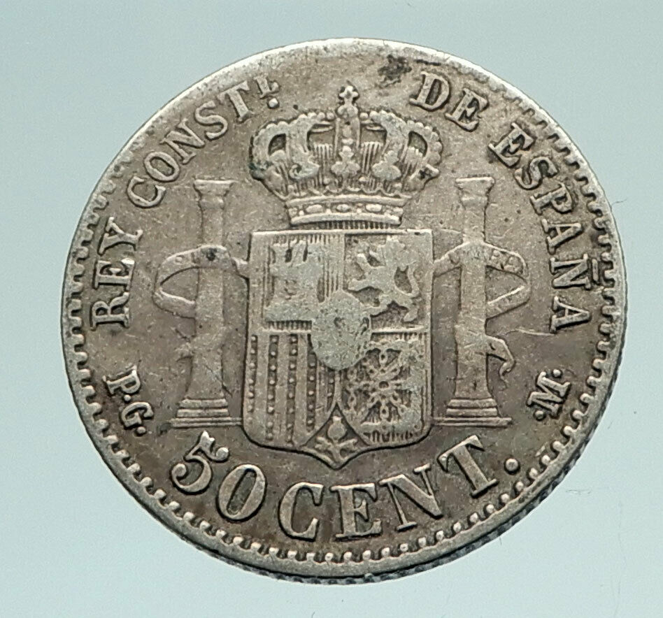 1892 SPAIN Spanish King ALFONSO XIII Antique Genuine Silver 50 Cents Coin i76657