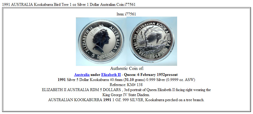 1991 AUSTRALIA Kookaburra Bird Tree 1 oz Silver 1 Dollar Australian Coin i77561