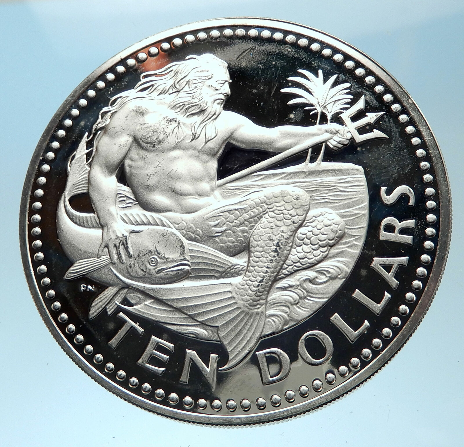 1973 BARBADOS Huge 4.2cm Genuine Proof Silver 10 Dollars Coin w NEPTUNE i77508