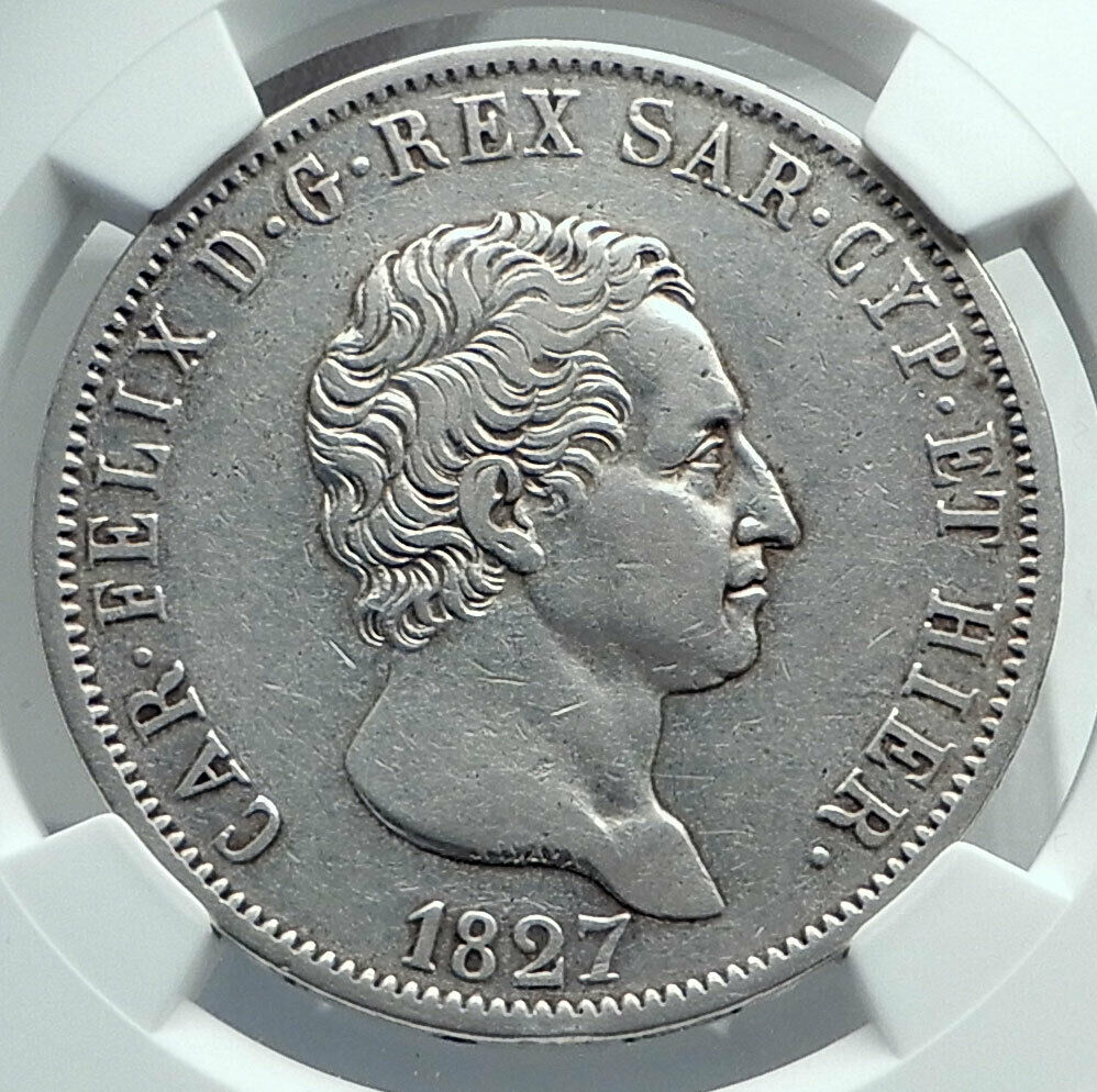 1827 ITALY Italian States SARDINIA Charles Carlo Felix Silver 5L NGC Coin i78500