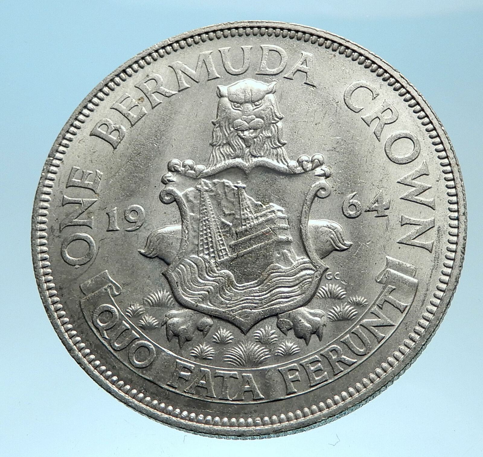 1964 Bermuda British Colony LARGE Elizabeth II Antique Silver Crown Coin i77458