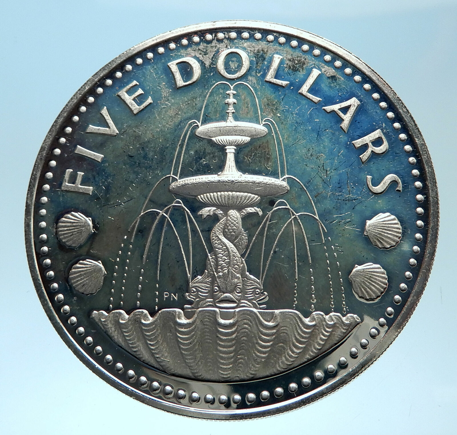 1973 BARBADOS Proof Arms Fountain Trafalgar Antique Silver 5 Dollars Coin i77502