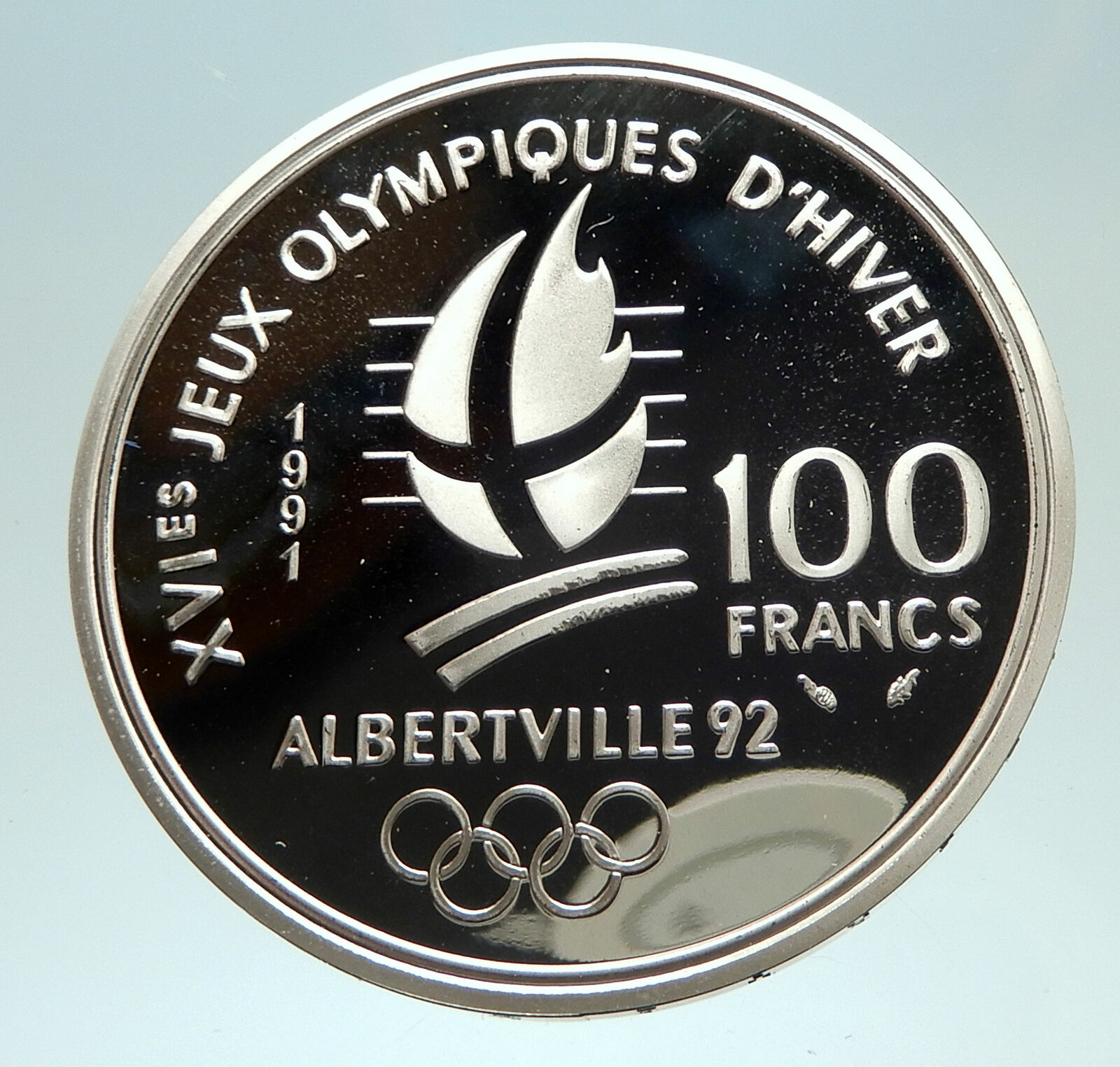 1991 FRANCE Cross Country Skiing 1992 Olympics Proof Silver 100F Coin i76892