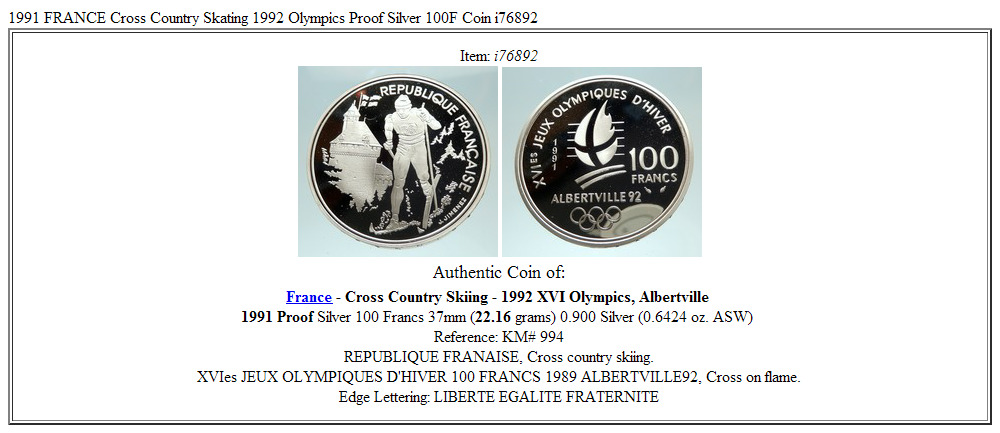 1991 FRANCE Cross Country Skiing 1992 Olympics Proof Silver 100F Coin i76892