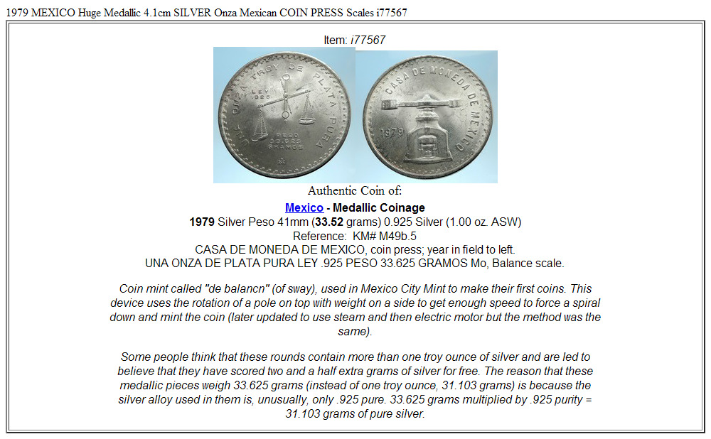 1979 MEXICO Huge Medallic 4.1cm SILVER Onza Mexican COIN PRESS Scales i77567