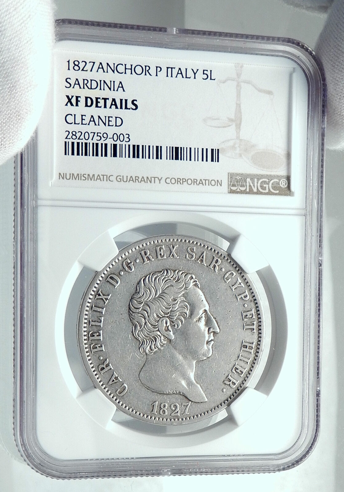 1827 ITALY Italian States SARDINIA Charles Carlo Felix Silver 5L NGC Coin i78500