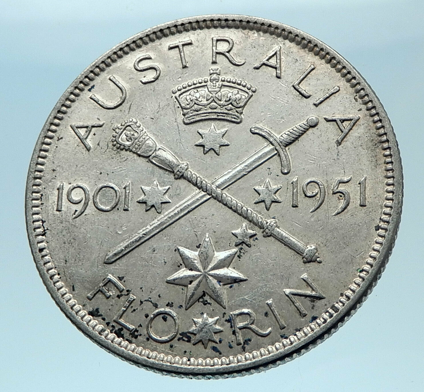 1951 AUSTRALIA King George VI 50th Anniv LARGE Genuine Silver Florin Coin i77841