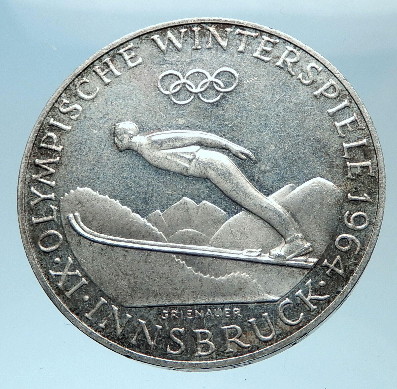 1964 AUSTRIA Innsbruck Winter Olympic Games SKIING Silver 50 Shillng Coin i78012