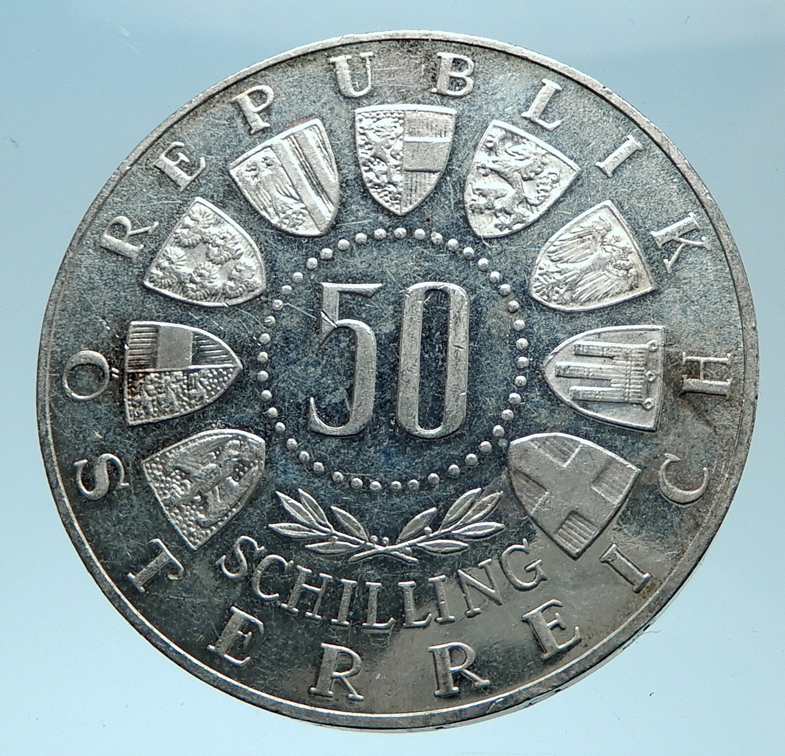 1964 AUSTRIA Innsbruck Winter Olympic Games SKIING Silver 50 Shillng Coin i78012