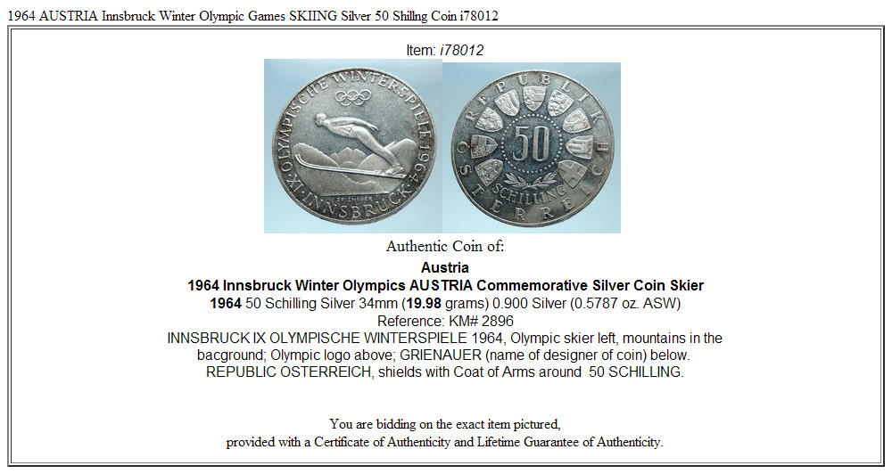 1964 AUSTRIA Innsbruck Winter Olympic Games SKIING Silver 50 Shillng Coin i78012